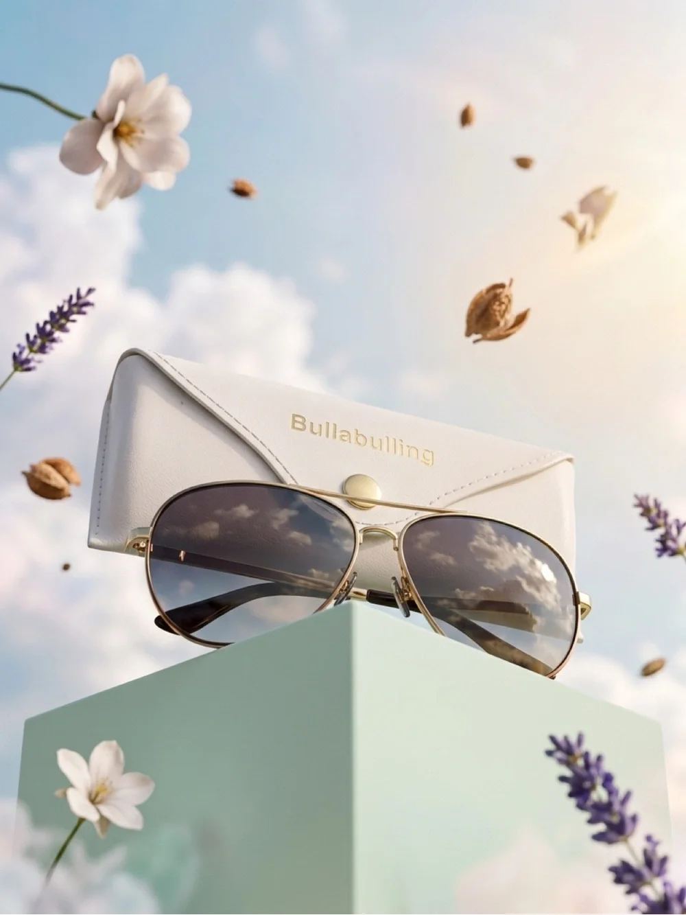 bullabulling Women's White Sunglasses Case with Gold-Accented Aviator Sunglasses